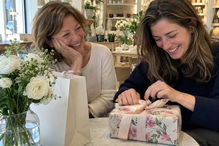 A woman in her sixties laughs at a café table while her adult daughter ties a pink ribbon on a floral gift box, with white flowers in a glass vase.